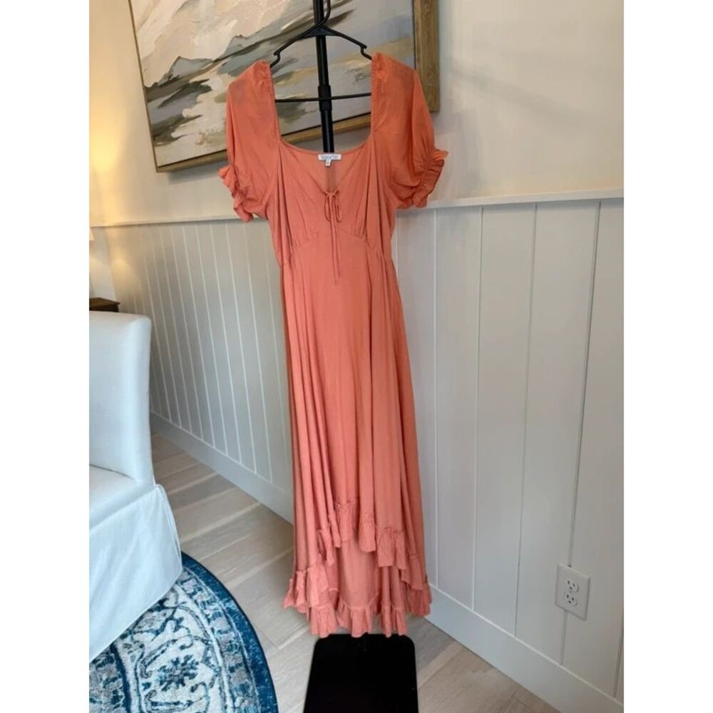 Patrons of Peace Coral Boho Maxi Dress Ruffle Tiered Cottagecore Size M